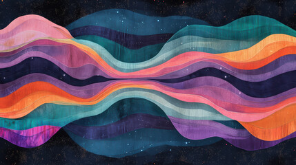 Colorful cosmic waves blend into serene night sky, creating mesmerizing visual experience. vibrant hues flow seamlessly, evoking sense of tranquility and wonder