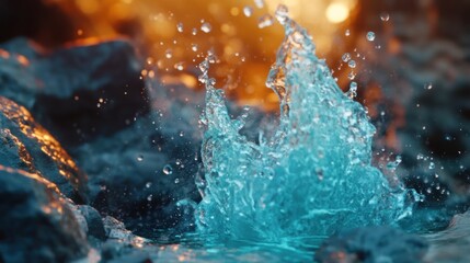 Fototapeta premium Teal water splashing on dark rocks with warm background.