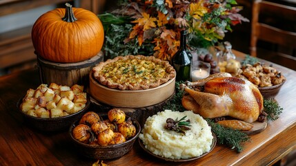 A dinner table filled with roasted turkey, mashed potatoes, pumpkin pie