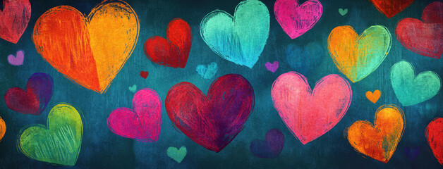 Vibrant heart shapes in various colors create joyful and playful atmosphere, perfect for expressing love and affection. This digital illustration captures essence of warmth and happiness