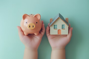 Hands holding a piggy bank in one hand and a house miniature in the other