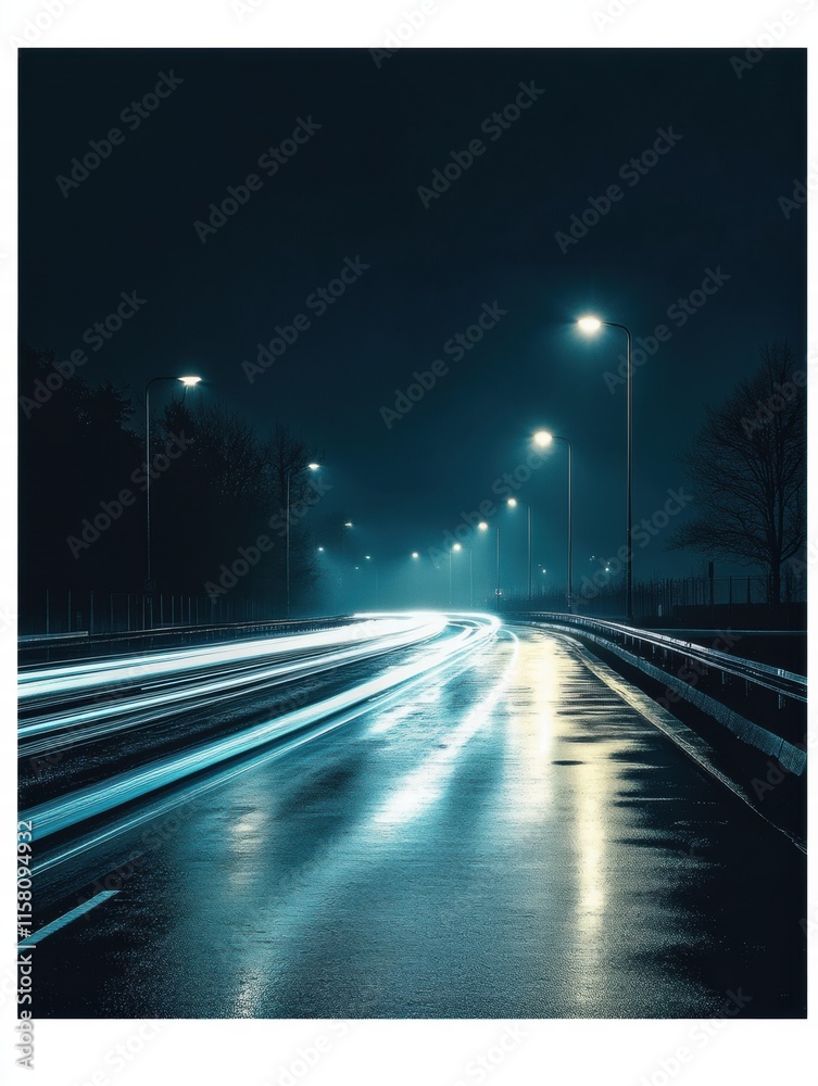 Poster bright streaks of car lights on a wet night road with empty space for text. generative ai