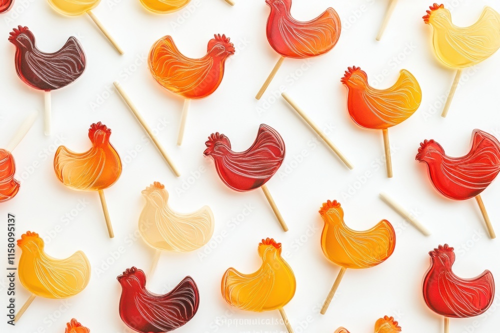 Aufkleber vibrant rooster shaped lollipops on white background with ample space for creative text. generative 