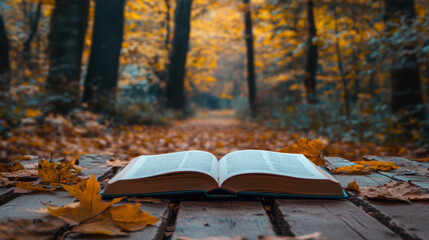 open book with blank pages on wooden surface surrounded by autumn leaves in forest. warm colors of fall create serene atmosphere