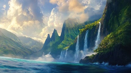 Fototapeta premium Lush green cliffs with multiple waterfalls cascading into a turquoise ocean under a cloudy sky.