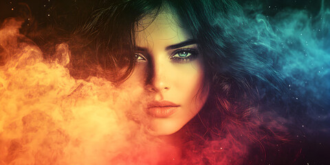 Mysterious Woman Portrait Realistic Image with Colorful Smoke Background