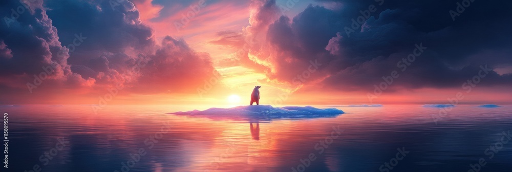 Aufkleber lonely polar bear stands on a melting ice floe during a stunning sunset in a changing arctic environ