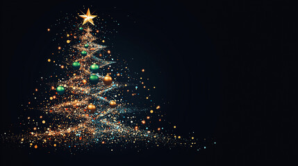 Sparkling Christmas Tree: A magical Christmas tree adorned with shimmering gold and teal ornaments, casting a warm golden glow against a dark background. Perfect for holiday cards, invitations.