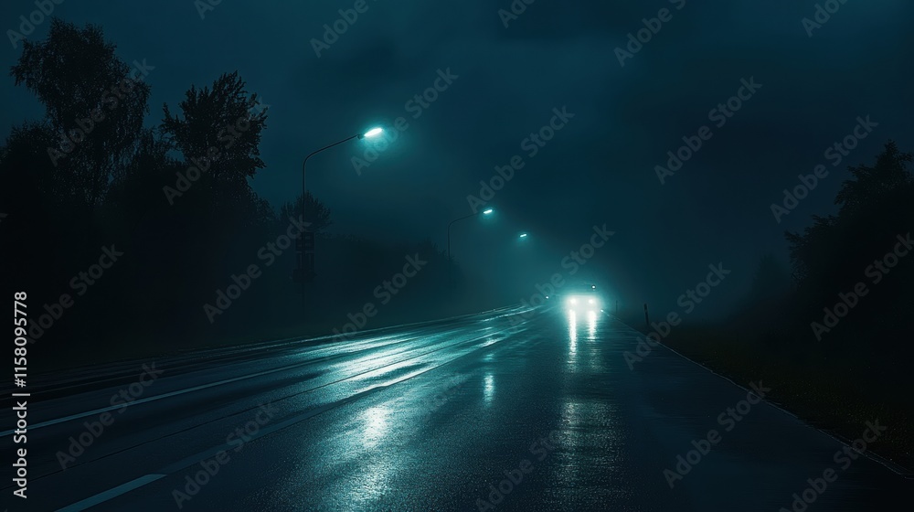 Poster Bright streaks of car lights illuminate a wet night road surrounded by trees and foggy atmosphere for captivating views. Generative AI