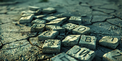 Naklejka premium Scattered Number Tiles on Cracked Earth