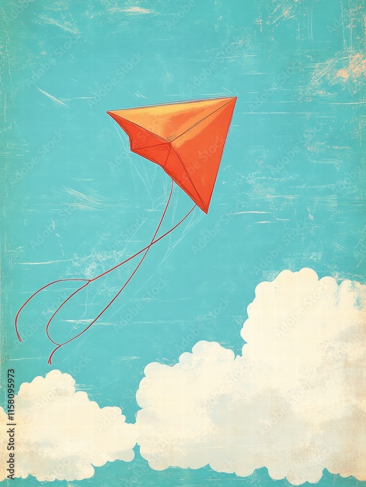Poster colorful kite soaring in a bright blue sky with fluffy clouds and ample space for text. generative a