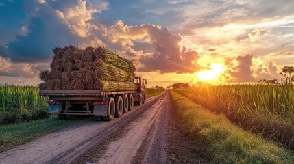 Truck carries harvested crops down rural road at sunset. Illustrates agricultural transportation and rural life.