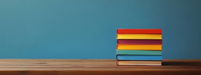 Fototapeta premium Colorful book stack on wooden table against teal background.
