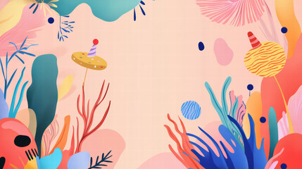 Colorful and playful birthday themed template featuring vibrant shapes, whimsical elements, and festive decorations, perfect for celebrations and invitations