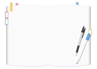 シンプルな無地のノートと付箋、ボールペン、蛍光ペンのセット、見開き
