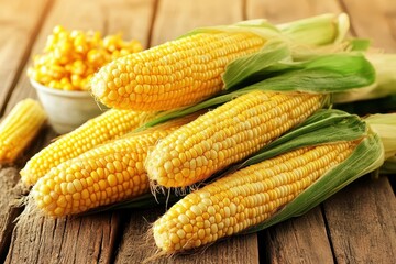 Fresh corn on the cob, kernels plump and golden. Perfect for recipes, healthy eating, or farm themes.
