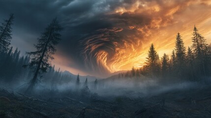Obraz premium Dramatic sunset swirling clouds over foggy forest.