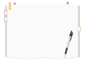 シンプルな無地のノートと付箋、ボールペンのセット、見開き