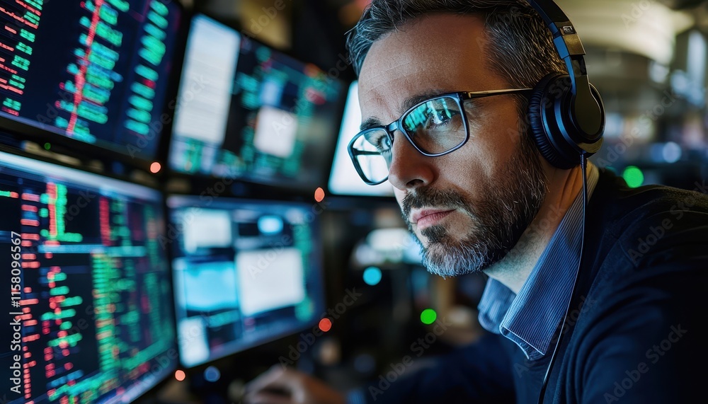 Poster focused trader wearing headphones analyzing data on multiple screens in a modern trading environment