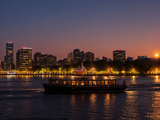 夕時のビル群の街と運河に浮かぶ船