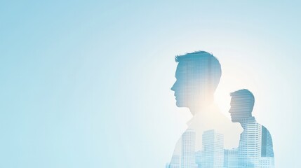 Double Exposure of Business People and Cityscape with Sun Rays and Bokeh, Banner Design with Copy Space.