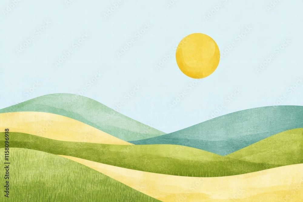 Poster bright sunny landscape with green hills and yellow fields in naive art style inviting creativity and