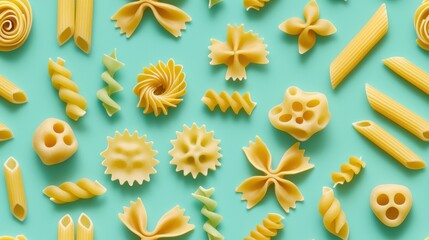 Various Flat Pasta Shapes Displayed on a Bright Background for Culinary Inspiration and Design Elements