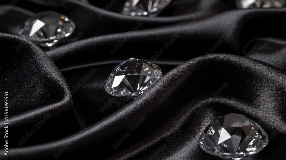 Fototapete Sparkling large diamonds resting on smooth black fabric with ample space for text and design elements. Generative AI