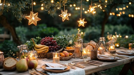 Obraz premium Romantic outdoor dinner party with fruits, candles, and string lights.