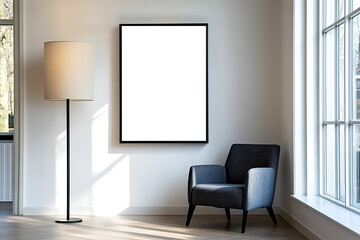 Frame mockup with white screen: A modern interior with a framed blank white curtain canvas hanging on white wall
