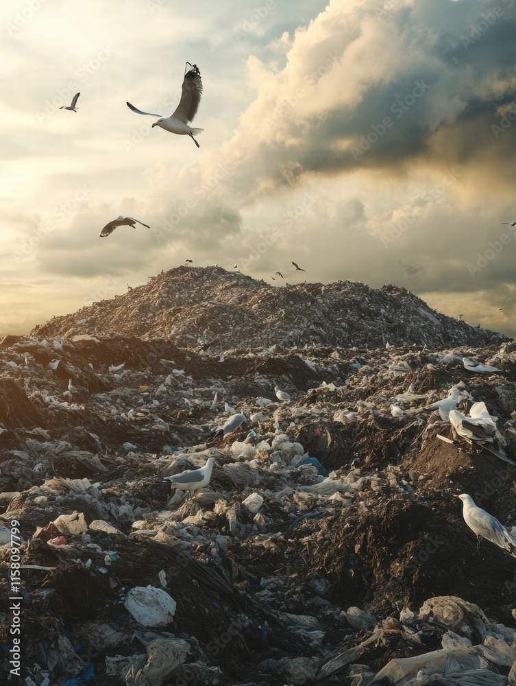 Poster seagulls soaring above a massive landfill with abundant waste and dramatic skies in the background. 