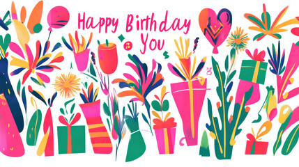 Happy birthday banner with colorful gifts, flowers, and balloons, creating lively and festive atmosphere. Perfect for celebrating special occasions and bringing joy
