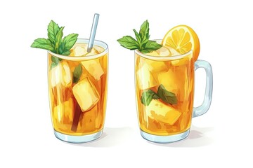 Fototapeta premium Refreshing Iced Tea: Lemon & Mint Summer Drinks Recipe, Two Glass Variations, Cool and Delicious Beverage