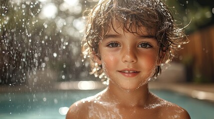 Obraz premium Happy child playing in water, summer fun.