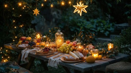 Romantic garden dinner party with fairy lights, fruits, and candles.