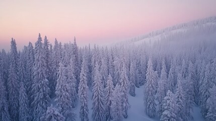 Enchanted Winter Forest: Aerial View of Snow-Covered Pines at Dawn