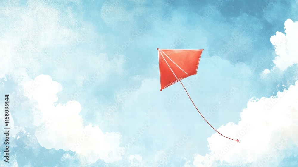 Aufkleber Bright red kite flying high in a serene blue sky with fluffy clouds and open space for creative text placement. Generative AI
