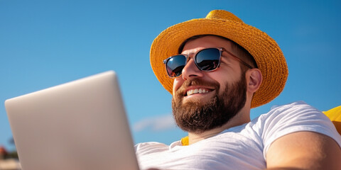 Fototapeta premium digital nomad enjoying sunny beach while working on laptop, smiling happily