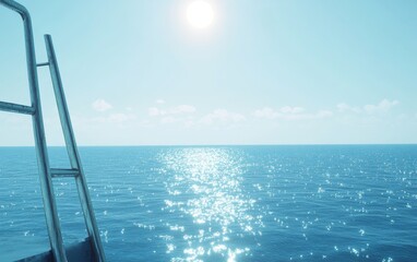 Fototapeta premium Sunny ocean view from ship deck with ladder.