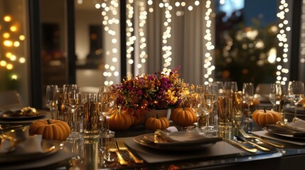 Fototapeta premium Festive autumn table setting with pumpkins, flowers, and golden cutlery.