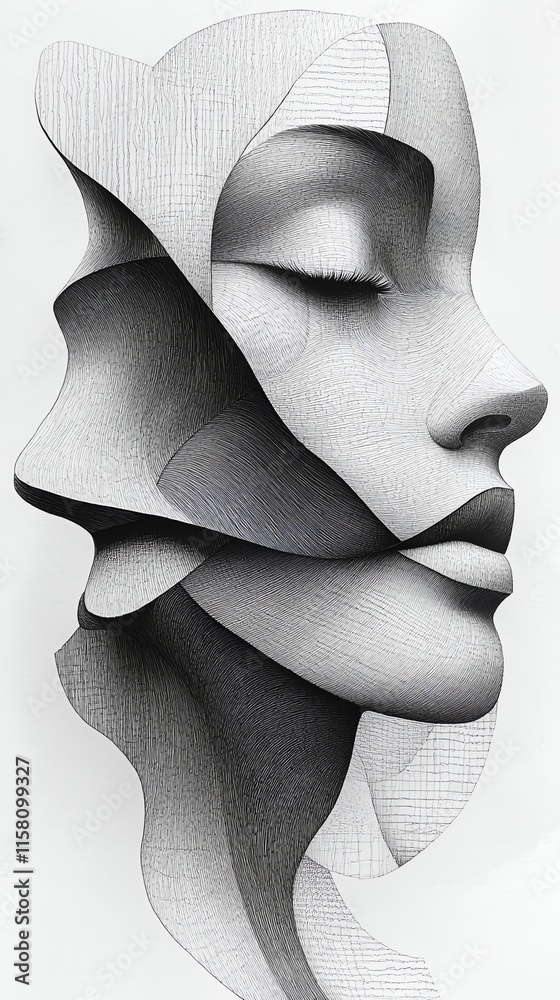 Poster A stylized, abstract representation of a human face, showcasing depth and emotion through layers.