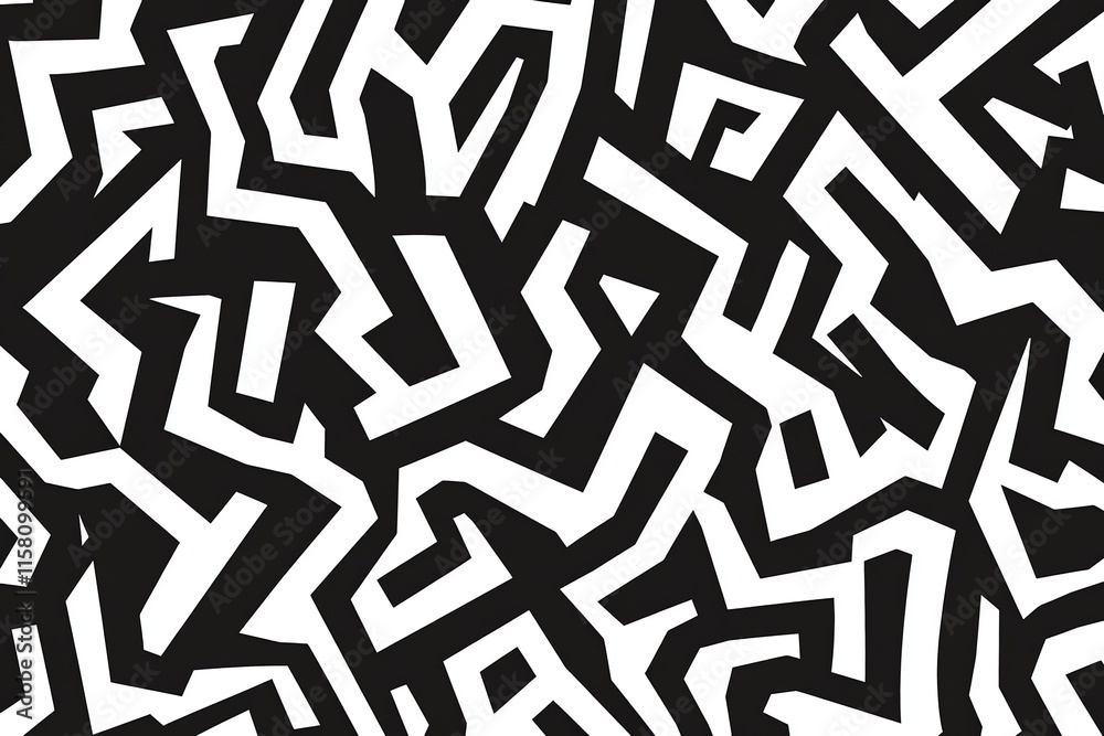 Poster Abstract black and white pattern featuring intricate, zigzagging shapes and lines.