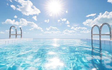 Fototapeta premium Infinity pool overlooking ocean under sunny sky.