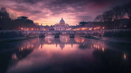 Obraz premium St. Peter's Basilica at sunrise, reflected in the Tiber River, Rome.