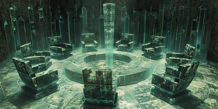 Subterranean Chamber with Circular Chair Arrangement and Translucent Column