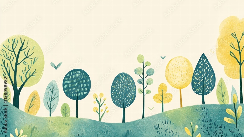 Fototapete colorful naive art style forest background with ample copy space for text. generative ai