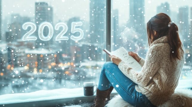 Woman planning 2025 goals, snowy city view.