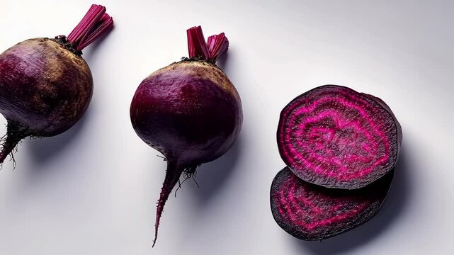 Freshly harvested beetroots and sliced beetroot showcasing vibrant colors in a modern setting