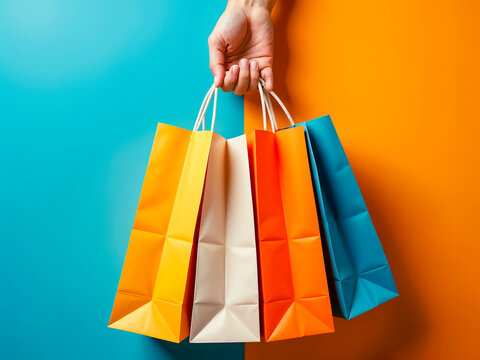 manos de mujer sosteniendo bolsas de compras de color anarajdo sobre azul celeste