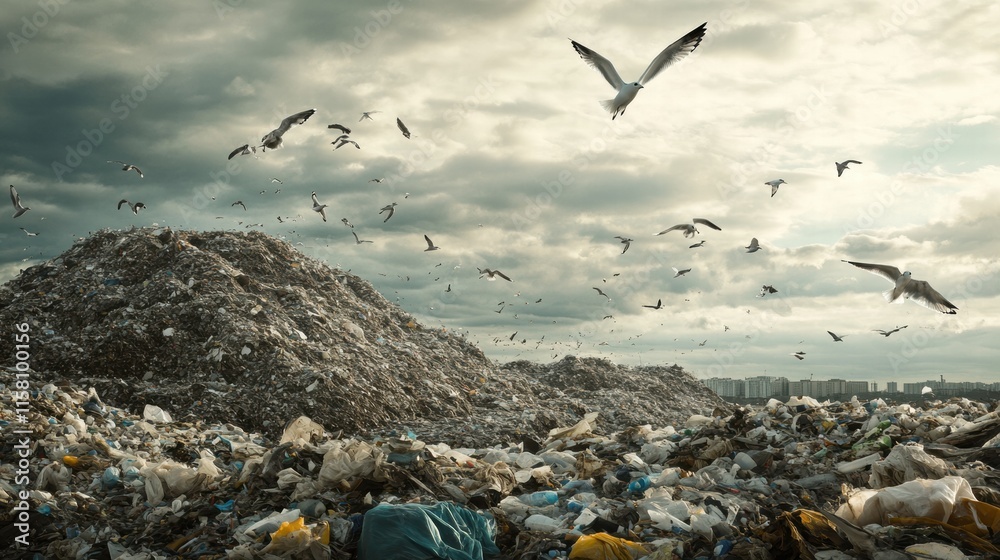 Poster Seagulls soaring above a massive landfill with clouds in the background. Generative AI